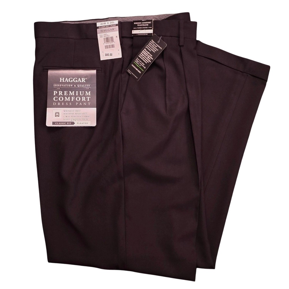 Haggar Mens Premium Comfort Pleated Dress Pants 40x30 Black Classic Fit NWT